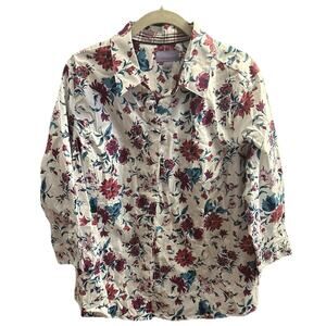 Laura Scott Women's Top Blouse White Multicolor Button Down 3/4 Sleeve Floral 2X